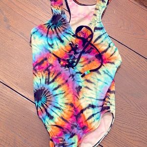 Random Hearts one piece racerback swimsuit neon and black tie dye with beads sz6